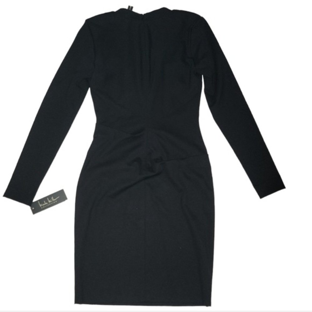 Nicole Miller v neck knee length body-con rutched long sleeve dress
